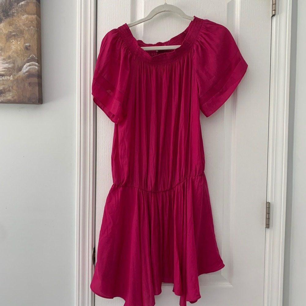Ramy Brook Magenta Pink Smocked Off Shoulder Drop Waist Mini Dress Medium